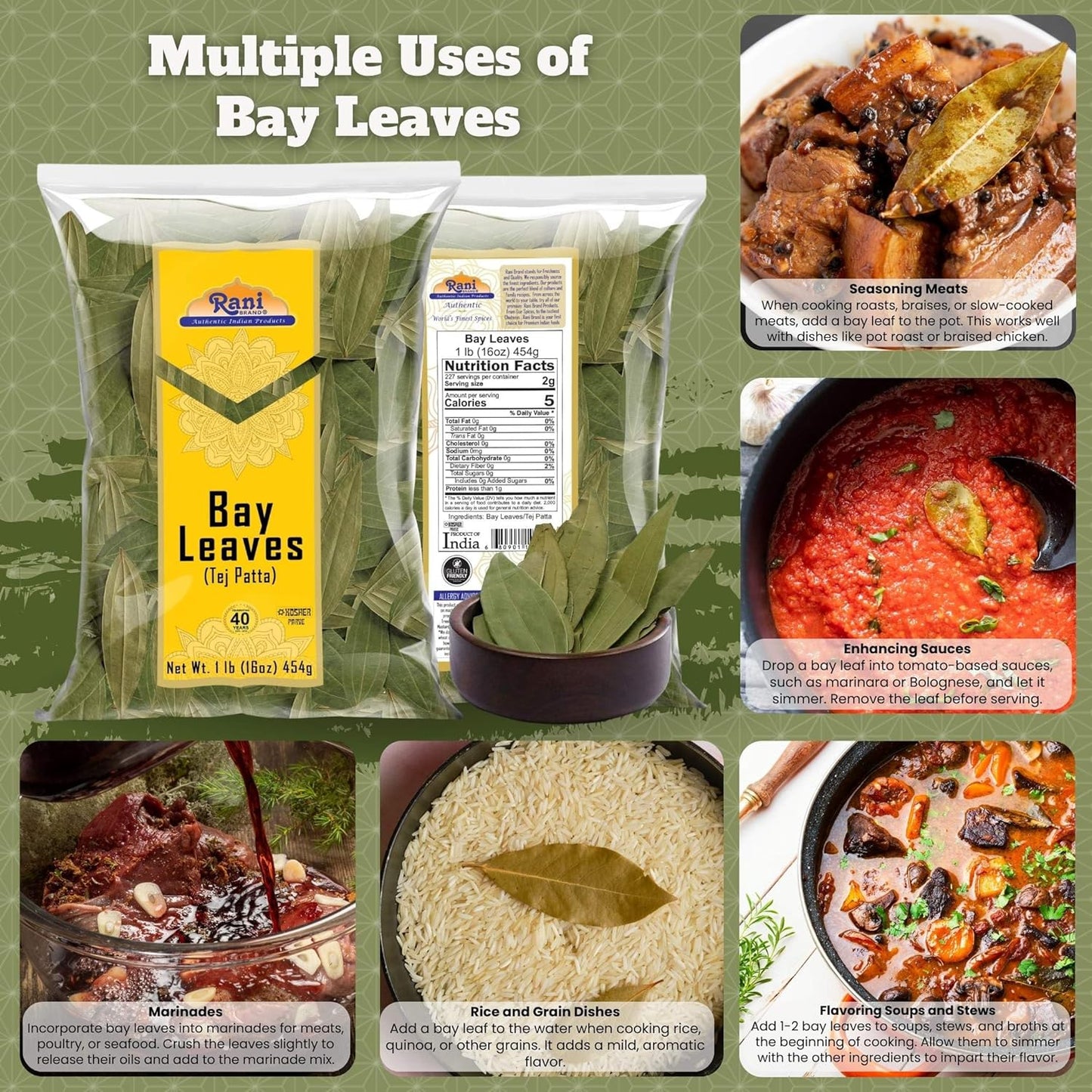 Rani Bay Leaf Whole Spice 16oz - Authentic Indian Hand Selected Extra Large Leaves - Natural, Gluten-Free, Non-GMO, Kosher, Vegan - Indian Origin Tej Patta - Espot.com.au