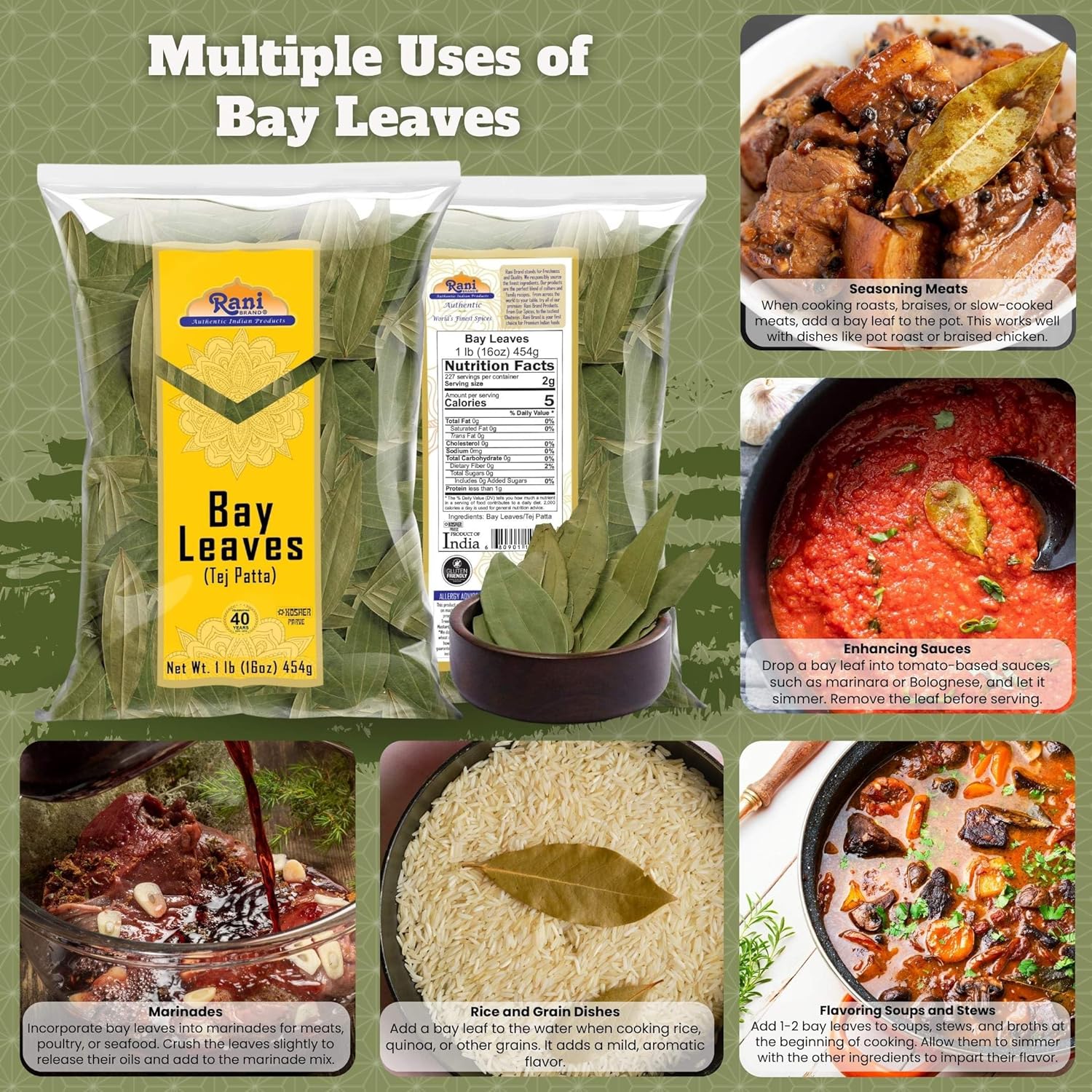 Rani Bay Leaf Whole Spice 16oz - Authentic Indian Hand Selected Extra Large Leaves - Natural, Gluten-Free, Non-GMO, Kosher, Vegan - Indian Origin Tej Patta - Espot.com.au