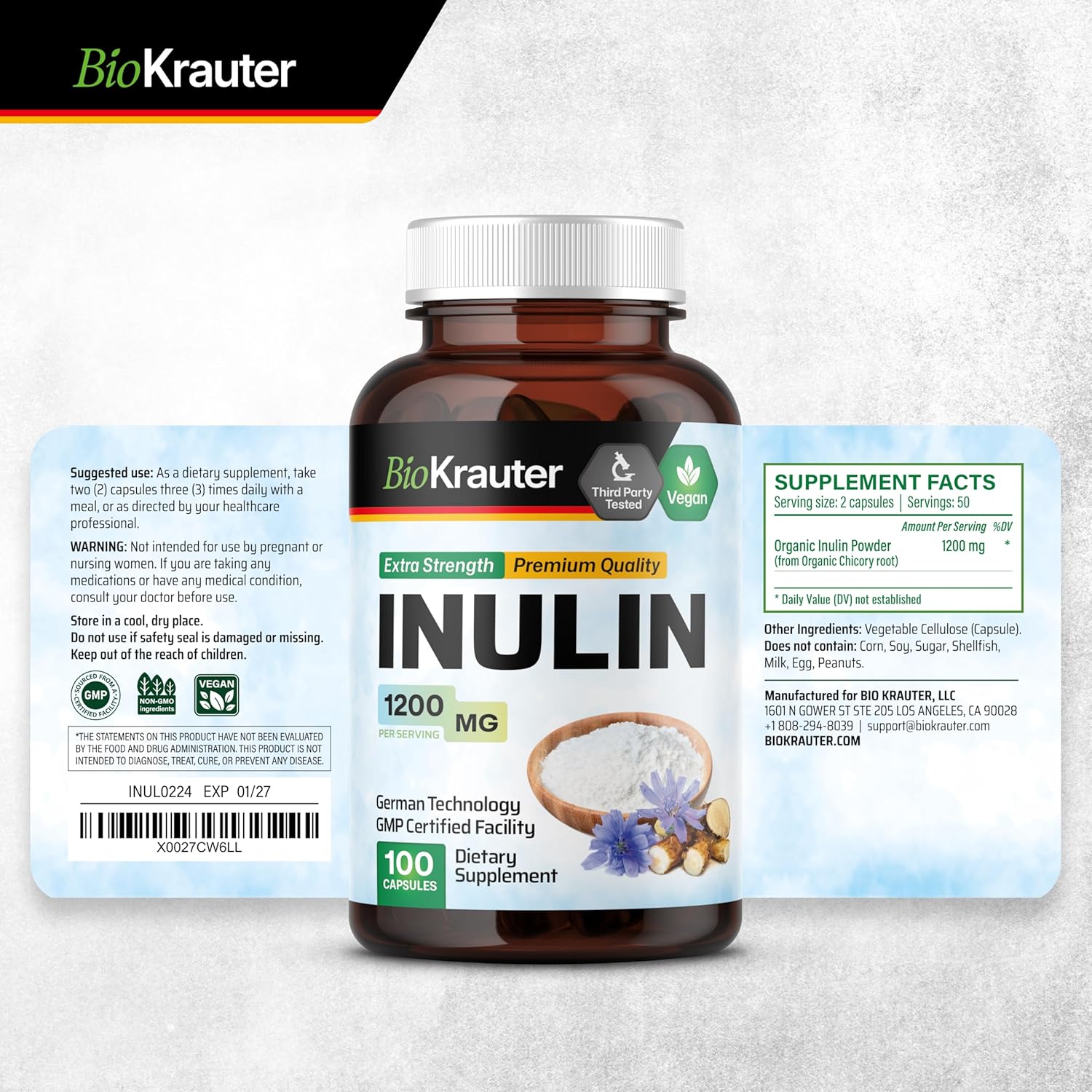 100 Capsules of BIO KRAUTER Inulin with 2 Fl. Oz. Licorice Root Tincture - Digestive Support Supplement Pack - Espot.com.au