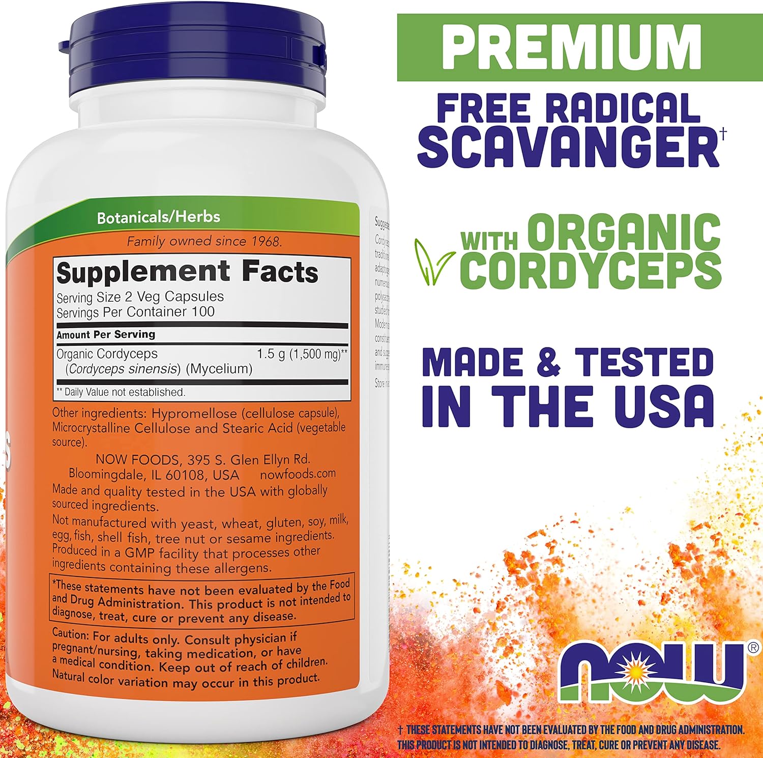 Organic Cordyceps Sinensis Mycelium Mushroom Capsules - 750mg, 200 Veg Caps, Vegan & Non-GMO by NOW Foods - Espot.com.au