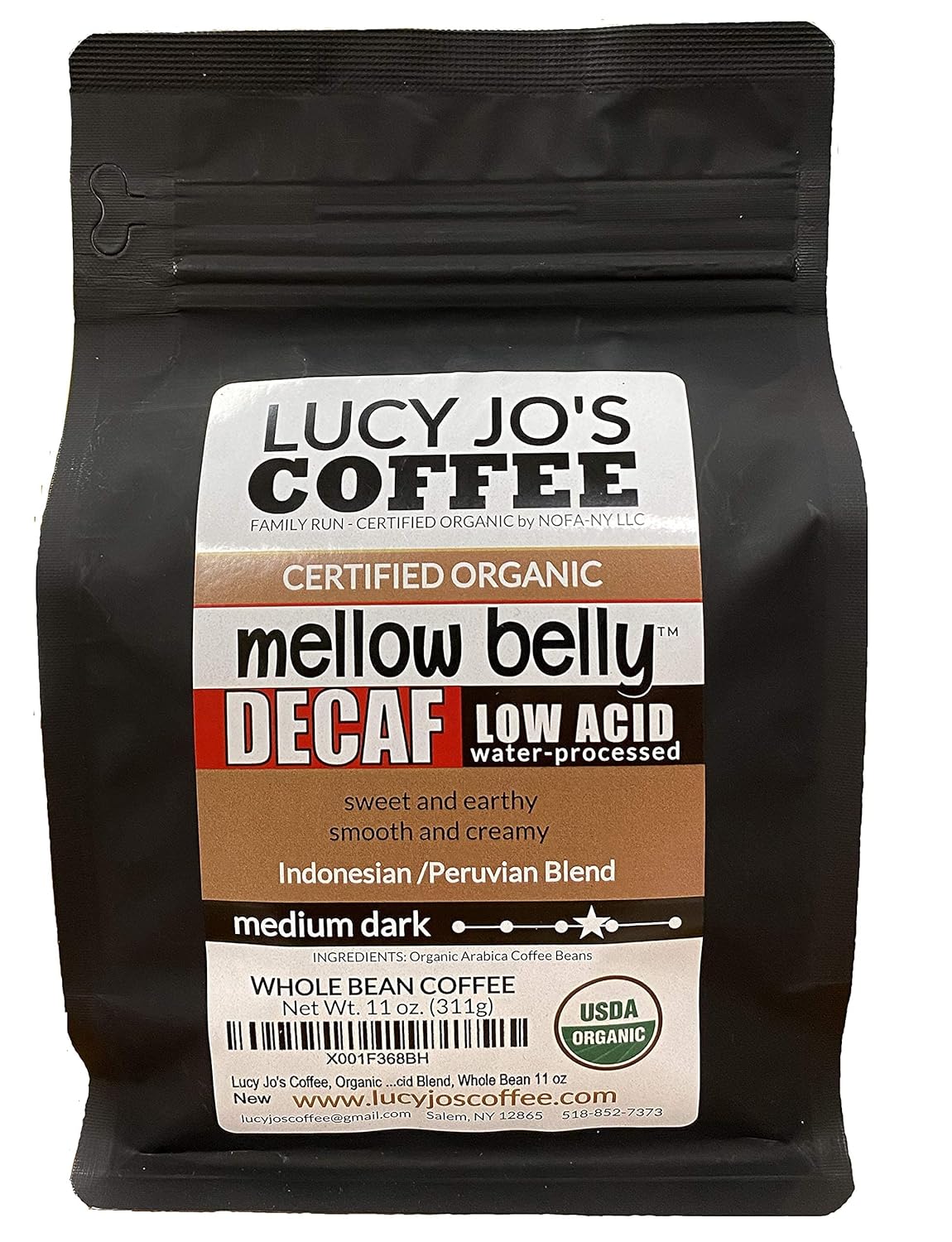 Organic Decaf Mellow Belly Low Acid Blend Medium Dark Roast Whole Bean Coffee 11 oz by Lucy Jo's Roastery - Espot.com.au