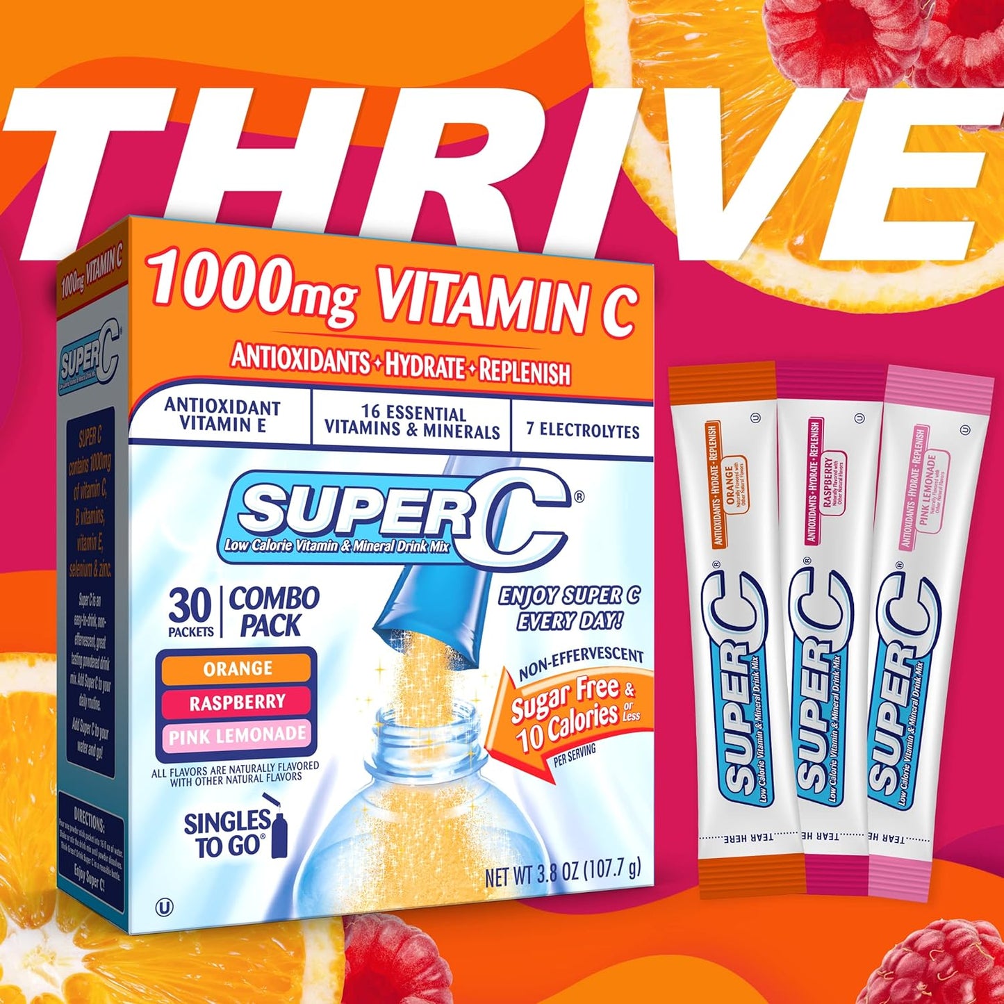Variety Pack of Super C Singles to Go Powder Packets, 30 Count, Orange, Raspberry & Pink Lemonade Water Drink Mix for On-The-Go - Espot.com.au