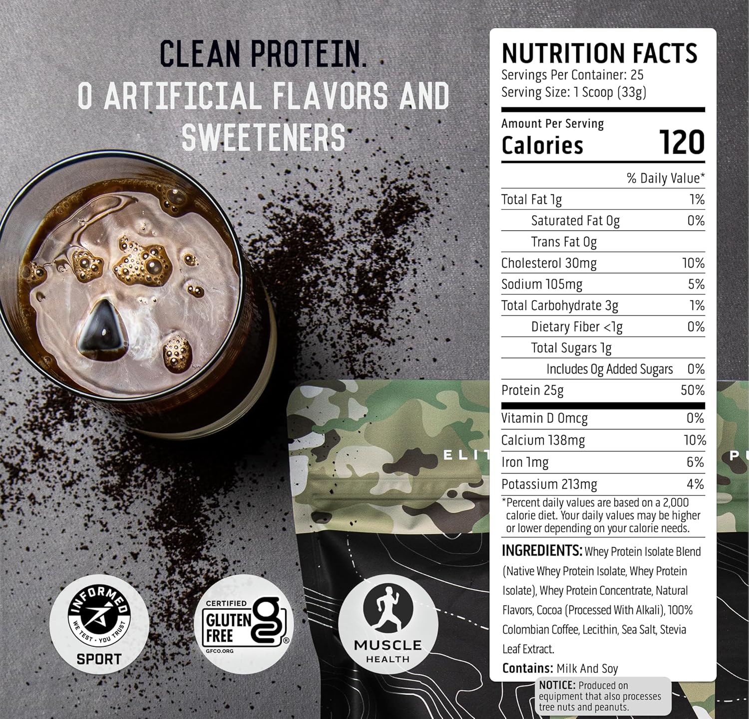 Premium 100% Whey Protein Powder - Post Workout Isolate, Zero Artificial Ingredients, Gluten Free, Military Exclusive, Mocha Cold Brew Flavor - Espot.com.au