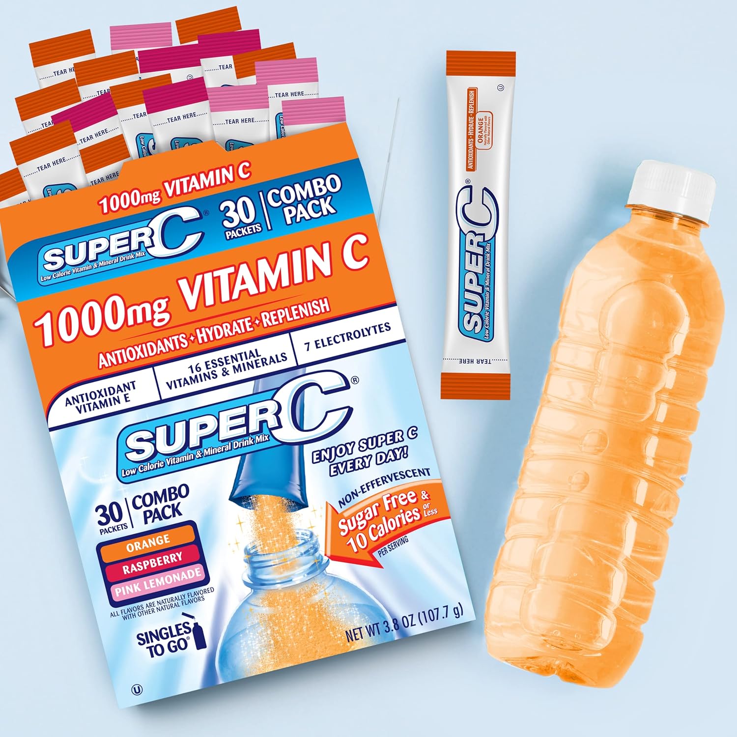Variety Pack of Super C Singles to Go Powder Packets, 30 Count, Orange, Raspberry & Pink Lemonade Water Drink Mix for On-The-Go - Espot.com.au