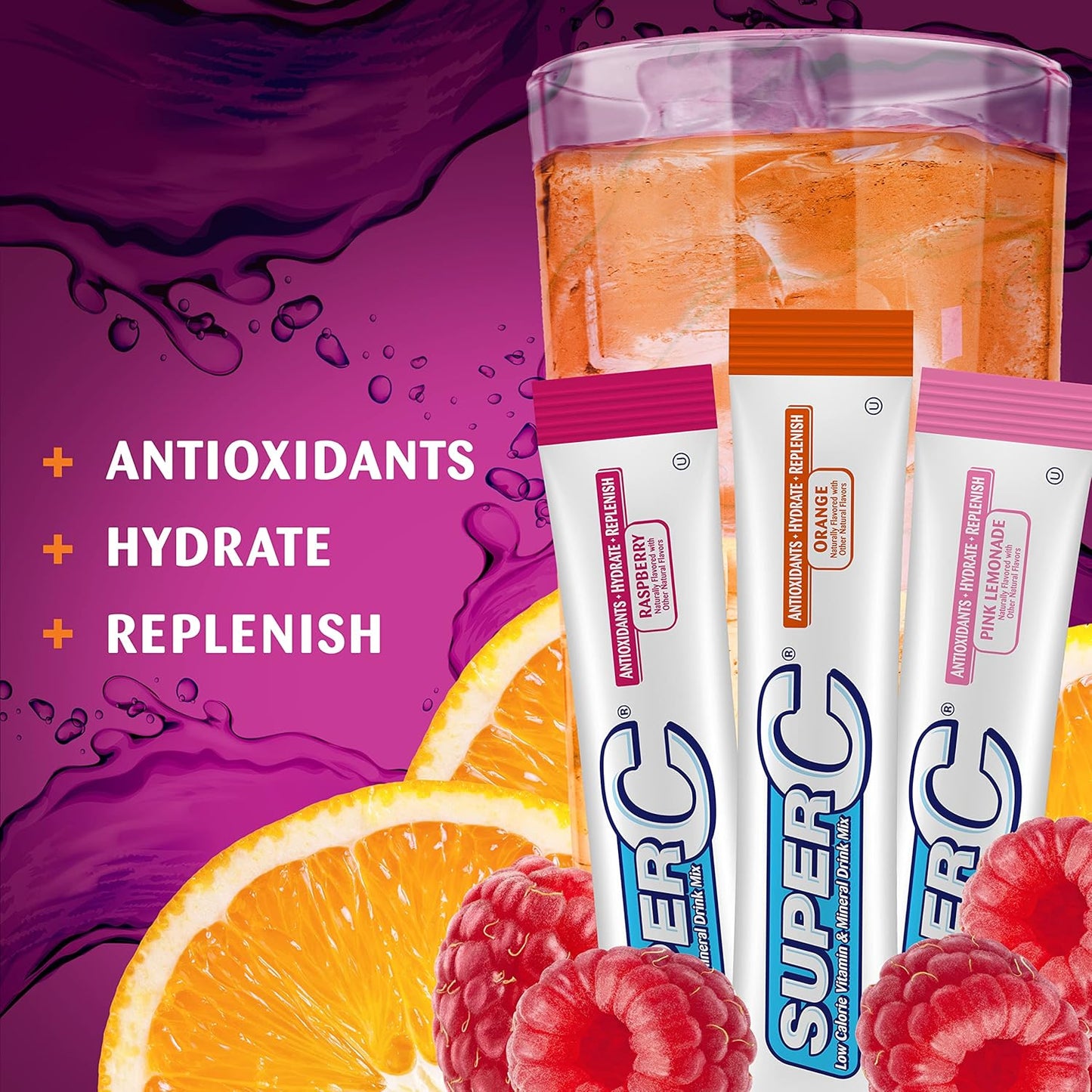 Variety Pack of Super C Singles to Go Powder Packets, 30 Count, Orange, Raspberry & Pink Lemonade Water Drink Mix for On-The-Go - Espot.com.au