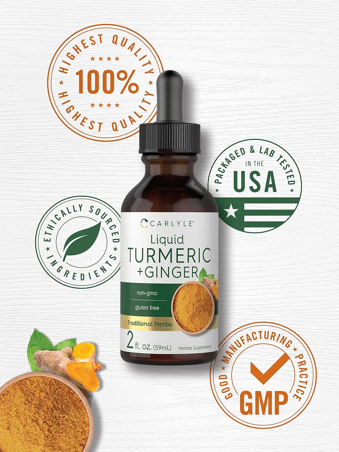 Carlyle Turmeric and Ginger Drops 2 fl oz - Vegan Supplement with Black Pepper, Non-GMO, Gluten Free - Espot.com.au