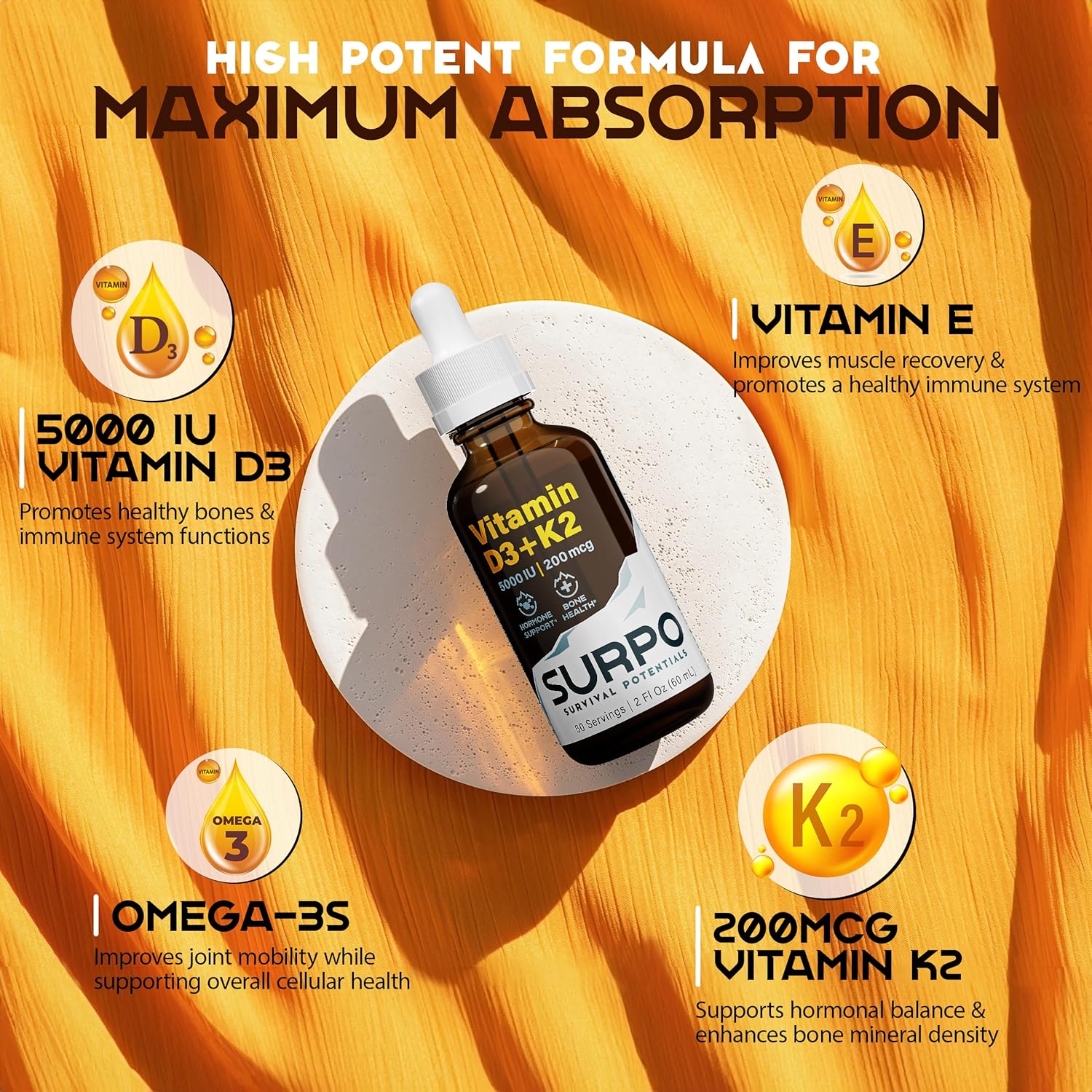 Liquid Vitamin D3 and K2 Drops with Omega 3 Oil for Hormone Support and Bone Health - 5000 IU Vitamin D - Maximum Absorption - 2Fl Oz Bottle - Espot.com.au