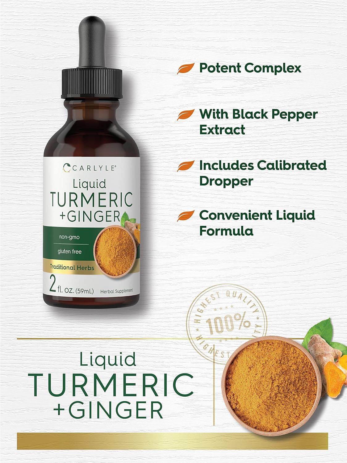 Carlyle Turmeric and Ginger Drops 2 fl oz - Vegan Supplement with Black Pepper, Non-GMO, Gluten Free - Espot.com.au