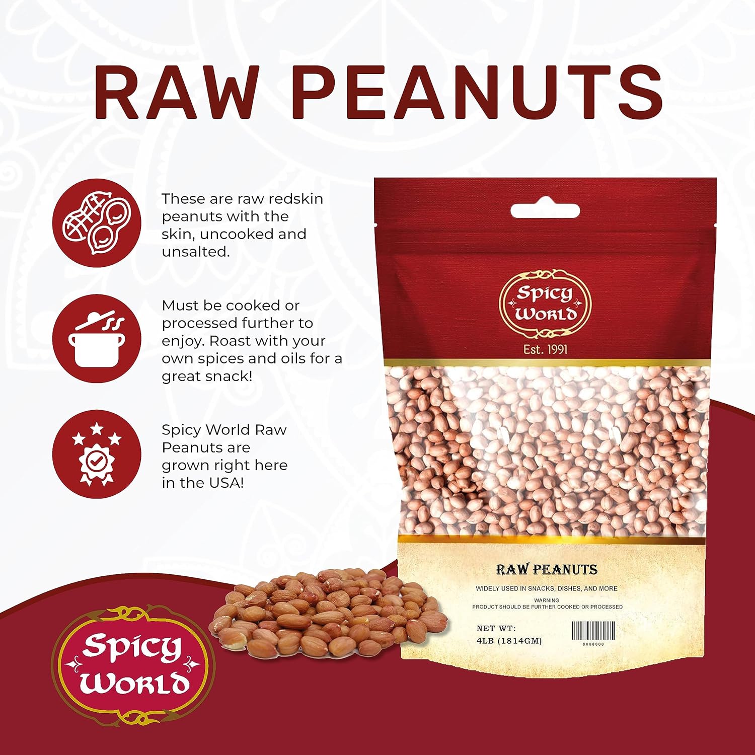 4lb-spicy-world-raw-peanuts---unsalted-whole-with-skin---usa-grown-red-skin-spanish-grade---all-natural-2
