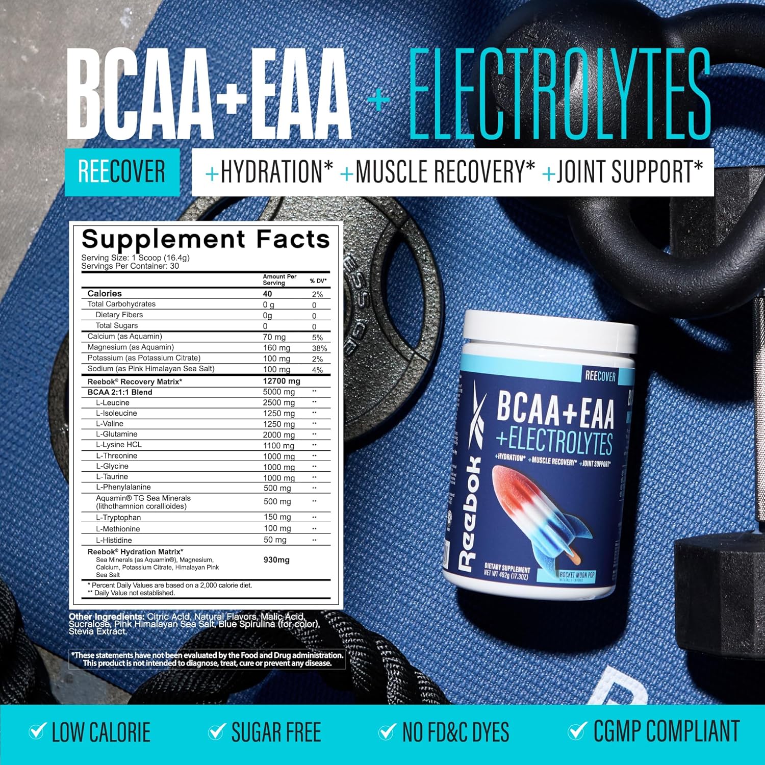 Reebok ReeCover BCAA EAA Electrolytes Supplement | 8g Essential Amino Acids, 5g Branch Chain Amino Acids, Hydration Support | Muscle Recovery, Strength | Post-Workout Drink | 30 Servings | Rocket Moon Pop Flavor - Espot.com.au