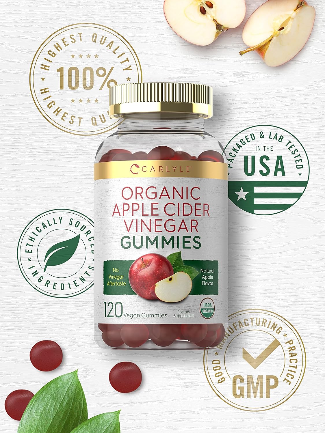 Organic Apple Cider Vinegar Gummies - 120 Count | USDA Certified, Vegan & Gluten-Free | Apple Flavor - Carlyle - Espot.com.au