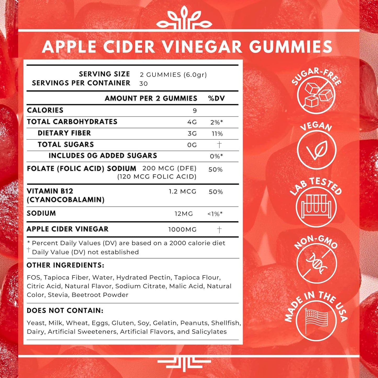 Organic Apple Cider Vinegar Gummies with Vitamin B12 and Beetroot Powder - Vegan, Sugar-Free, Non-GMO & Gluten-Free - Made in USA (30 Servings) - Espot.com.au