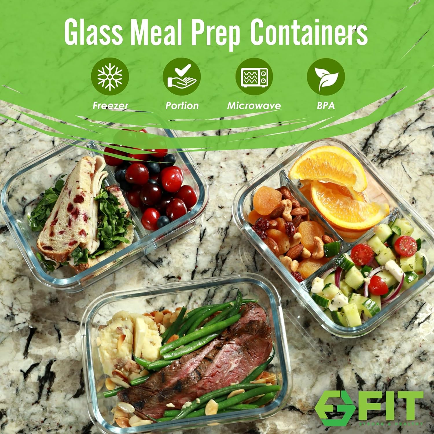 fit-strong-healthy-glass-meal-prep-containers-with-1-2-and-3-compartments---portion-control-lunch-container-set-for-food-storage---airtight-lids-oven-freezer-safe---leak-proof-bento-box---35-oz---gray---3-pack-2