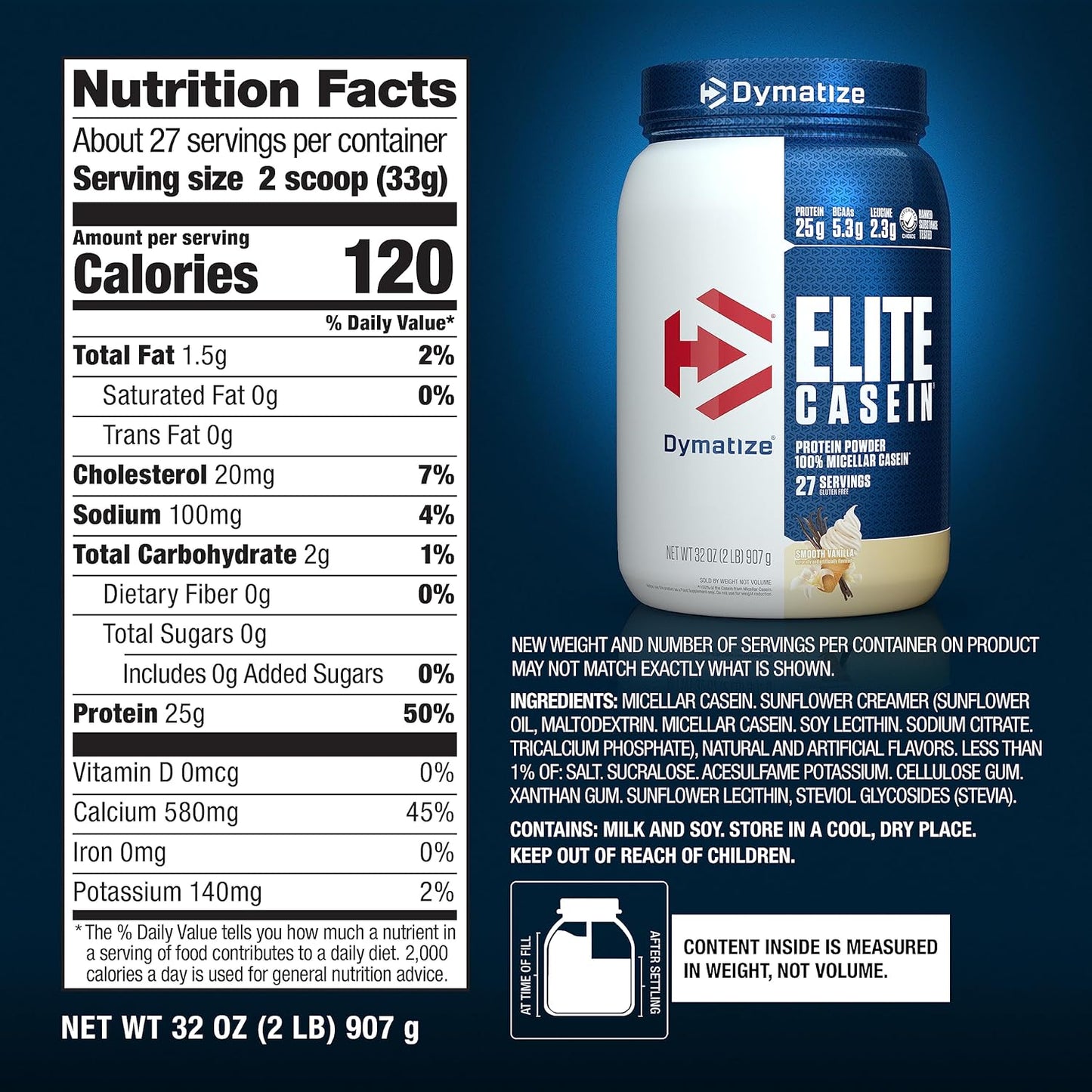 dymatize-elite-casein-protein-powder---slow-absorbing-muscle-building-amino-acids---25g-protein---100-micellar-casein---54g-bcaas---23g-leucine---overnight-recovery---smooth-vanilla---2lb-5