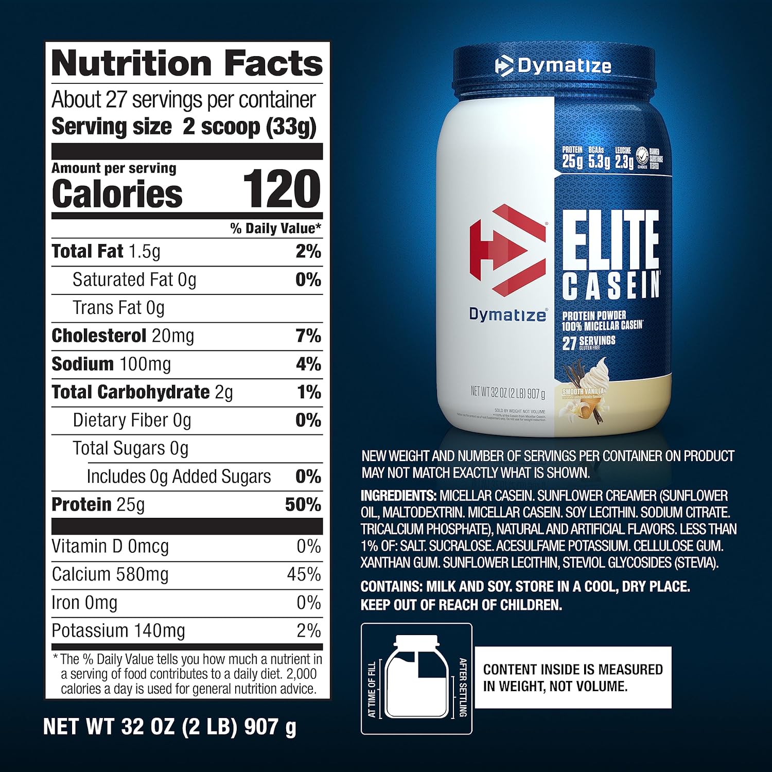dymatize-elite-casein-protein-powder---slow-absorbing-muscle-building-amino-acids---25g-protein---100-micellar-casein---54g-bcaas---23g-leucine---overnight-recovery---smooth-vanilla---2lb-5