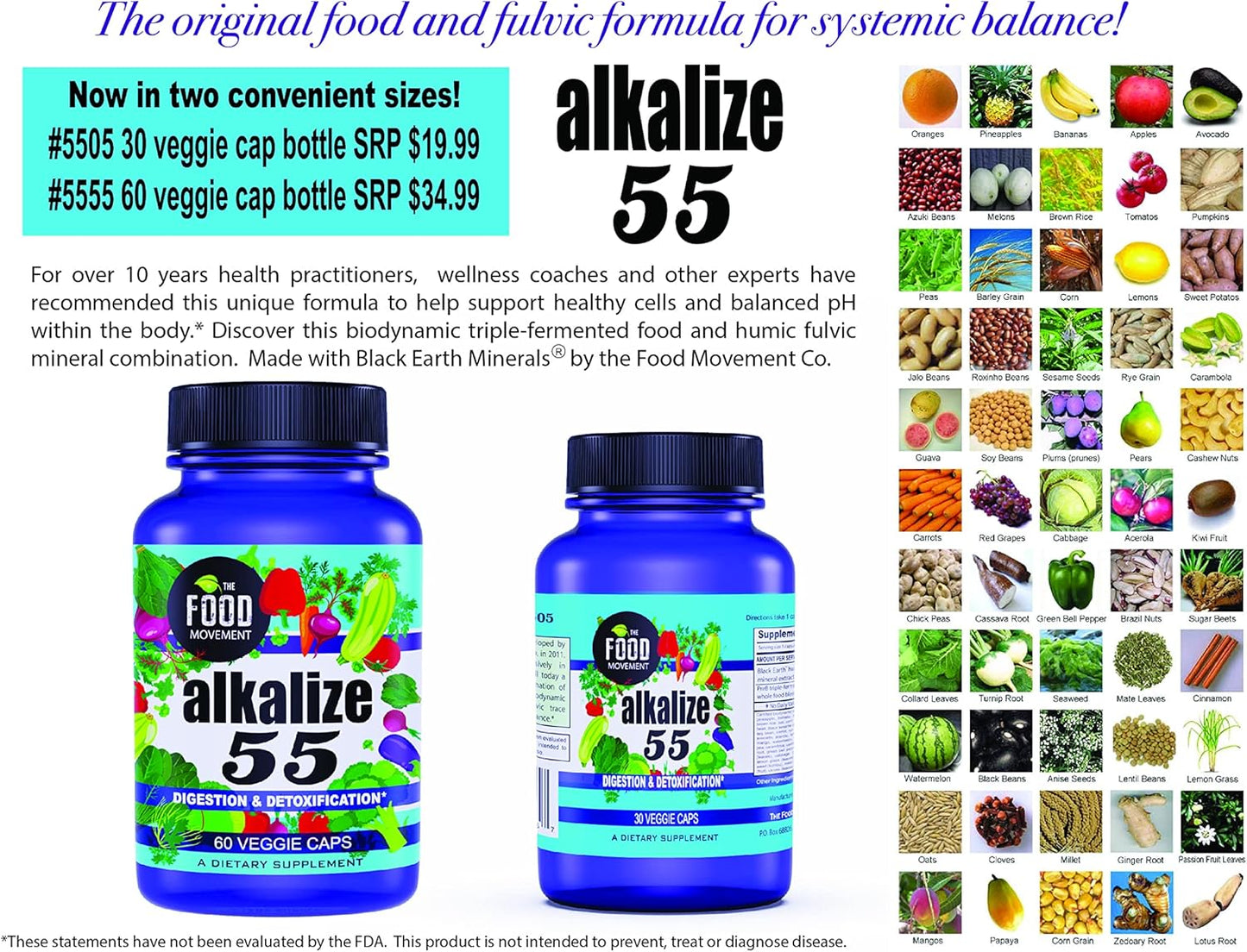 Alkalize 55 - Fermented Foods with Black Earth Humic Fulvic Trace Minerals for pH Balance and Immune Support - 30 Vegan Capsules - Espot.com.au