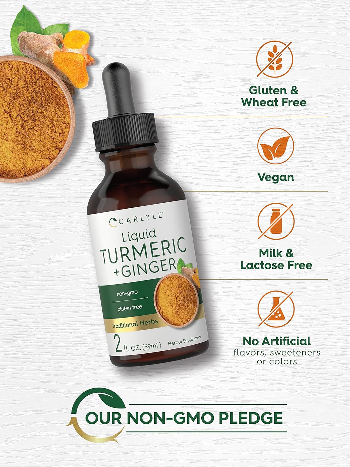 Carlyle Turmeric and Ginger Drops 2 fl oz - Vegan Supplement with Black Pepper, Non-GMO, Gluten Free - Espot.com.au
