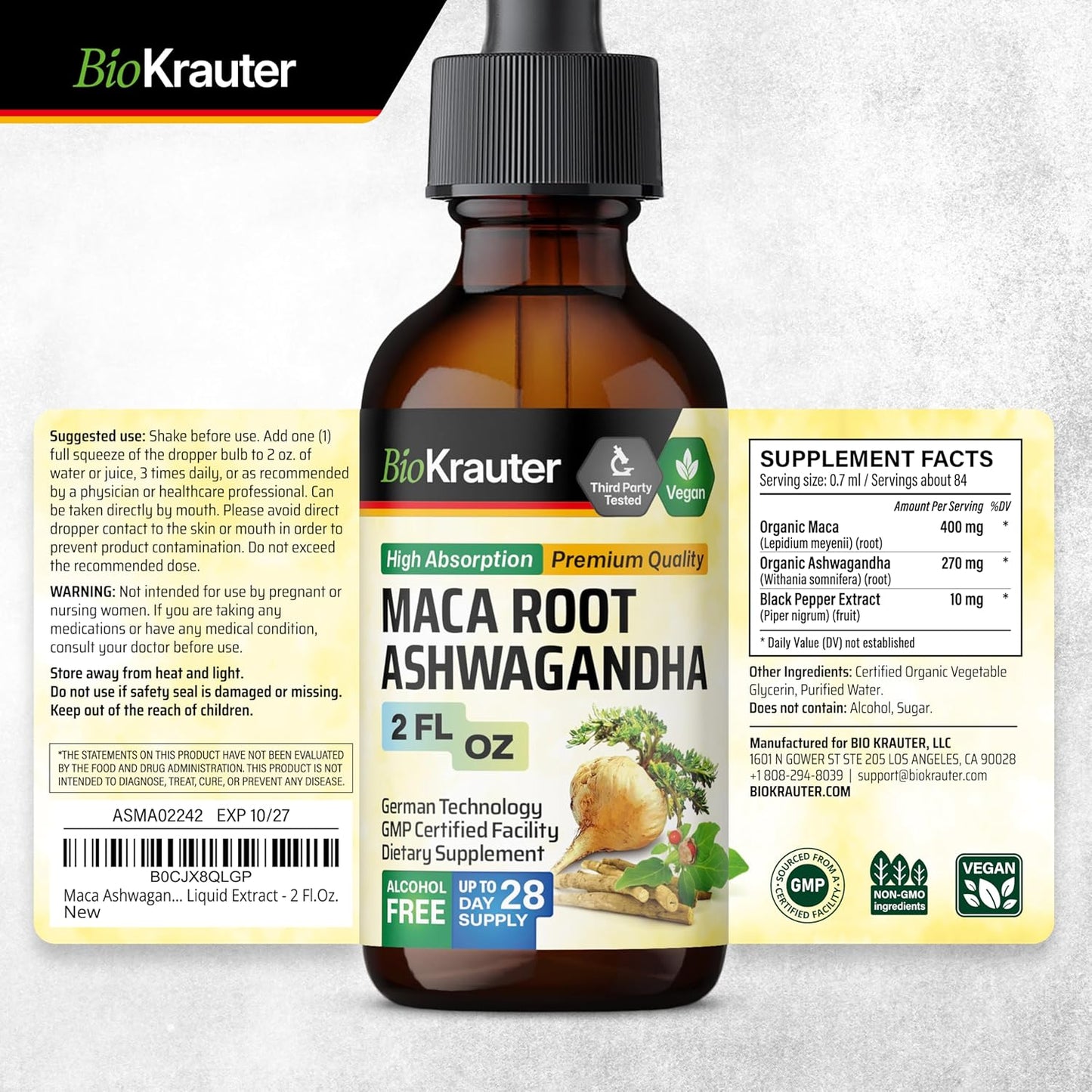 Organic Maca Root and Ashwagandha Tincture - Mood Support Liquid Supplement - Vegan Drops for Men & Women - Alcohol & Sugar Free - 2 Fl.Oz. - Espot.com.au