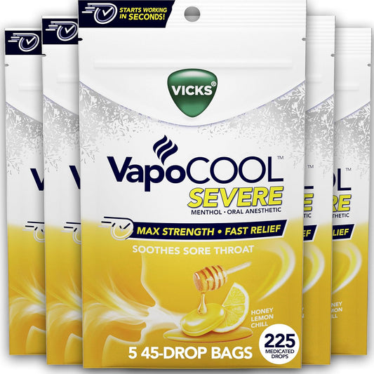 vicks-vapocool-severe-medicated-sore-throat-drops---fast-acting-max-strength-relief---soothes-cough-induced-sore-throat---powerful-vicks-vapors---menthol-honey-lemon-chill---225-total-drops-5-packs-of-45-1