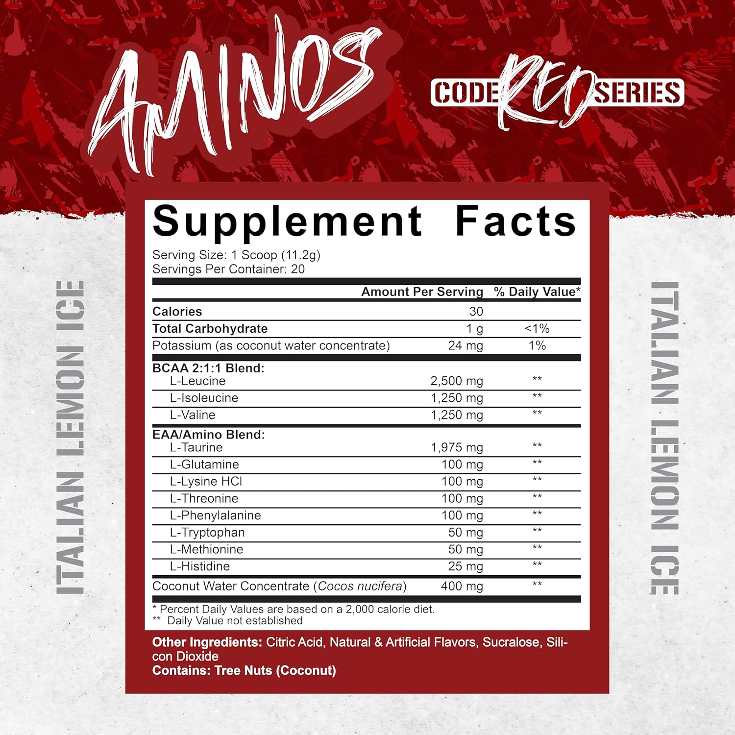 5% Nutrition Code Red Aminos BCAA & EAA Post Workout Recovery Powder - Italian Lemon Ice Flavor - Full Spectrum Essential Amino Acid Complex for Men & Women - Espot.com.au