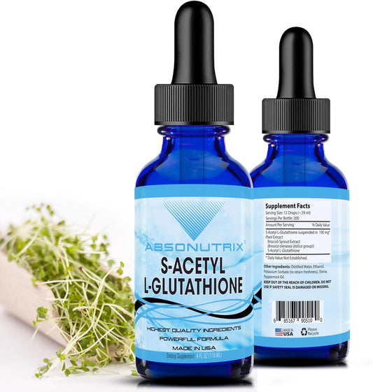 Absonutrix S-Acetyl L-Glutathione Liquid - 100mg per Serving, 4oz Bottle, 200 Servings, Detox & Health Boost, Energy & Absorption, Gluten-Free, USA Made