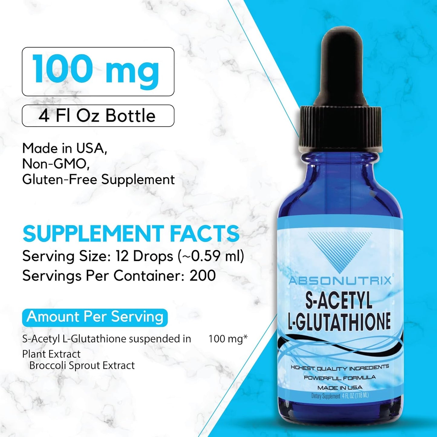Absonutrix S-Acetyl L-Glutathione Liquid - 100mg per Serving, 4oz Bottle, 200 Servings, Detox & Health Boost, Energy & Absorption, Gluten-Free, USA Made