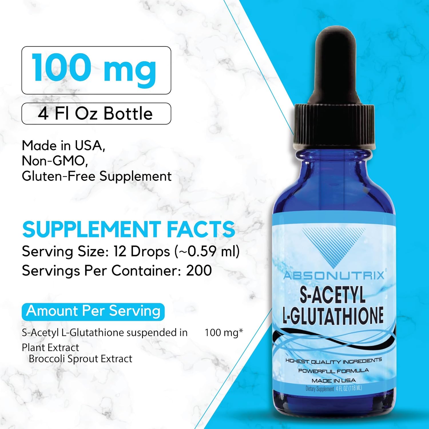 Absonutrix S-Acetyl L-Glutathione Liquid - 100mg per Serving, 4oz Bottle, 200 Servings, Detox & Health Boost, Energy & Absorption, Gluten-Free, USA Made