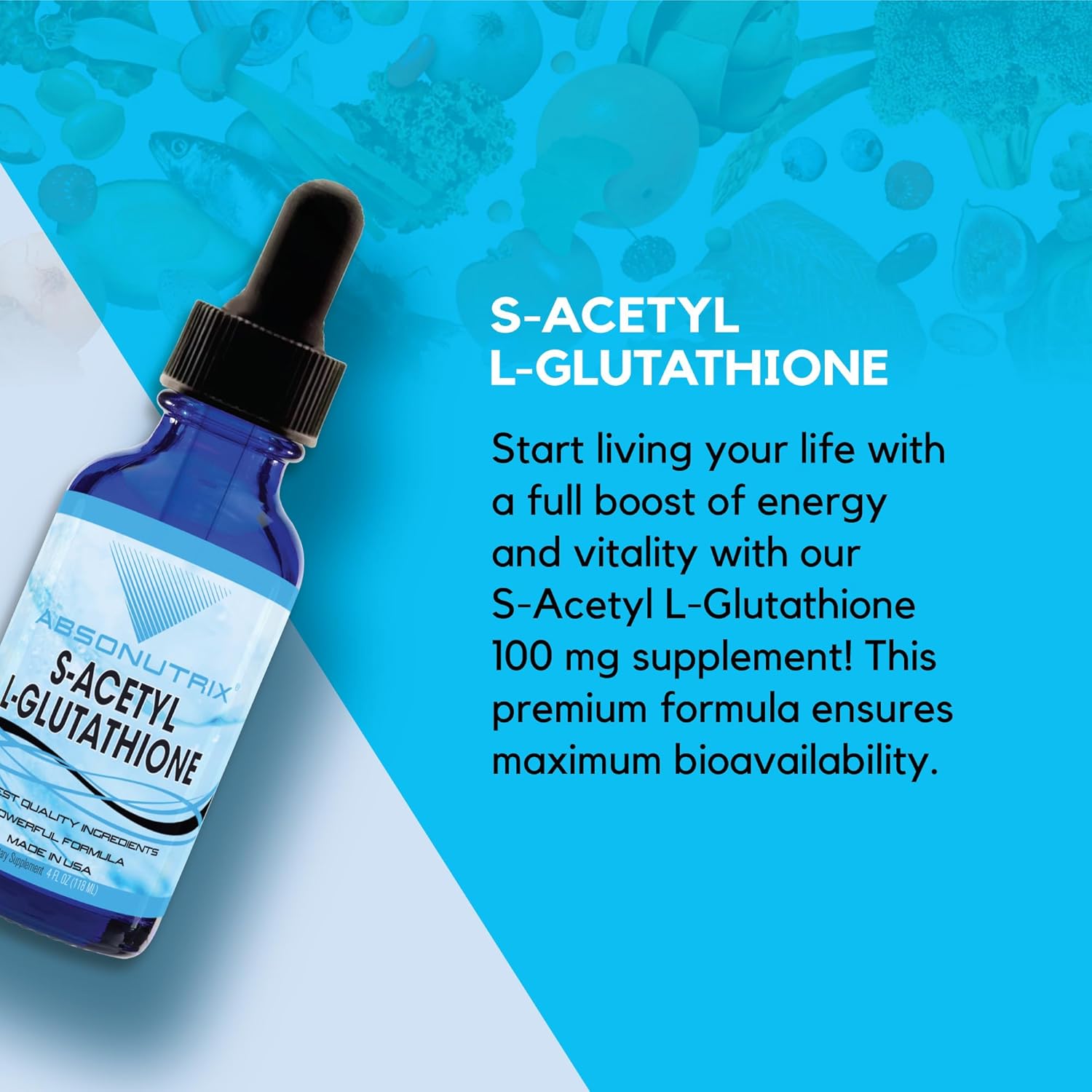 Absonutrix S-Acetyl L-Glutathione Liquid - 100mg per Serving, 4oz Bottle, 200 Servings, Detox & Health Boost, Energy & Absorption, Gluten-Free, USA Made