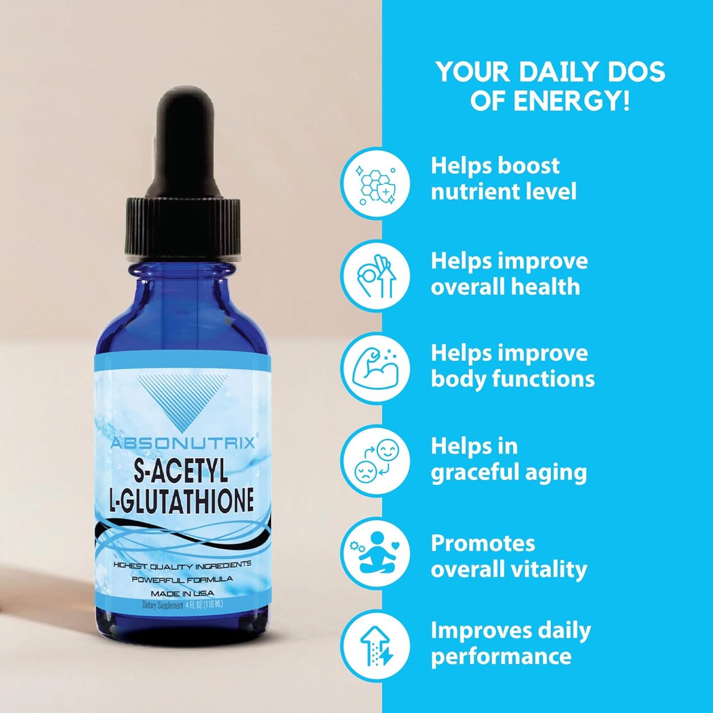 Absonutrix S-Acetyl L-Glutathione Liquid - 100mg per Serving, 4oz Bottle, 200 Servings, Detox & Health Boost, Energy & Absorption, Gluten-Free, USA Made