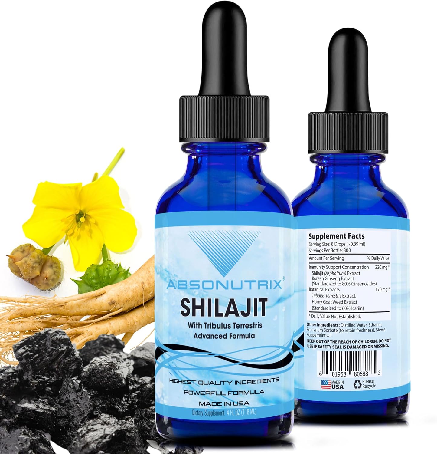 Absonutrix Shilajit and Tribulus Terrestris Liquid Supplement - 390mg, 4 Oz, 300 Servings - USA Made, Fast Absorption, Quality Non-GMO Ingredients, GMP Certified, Cruelty-Free