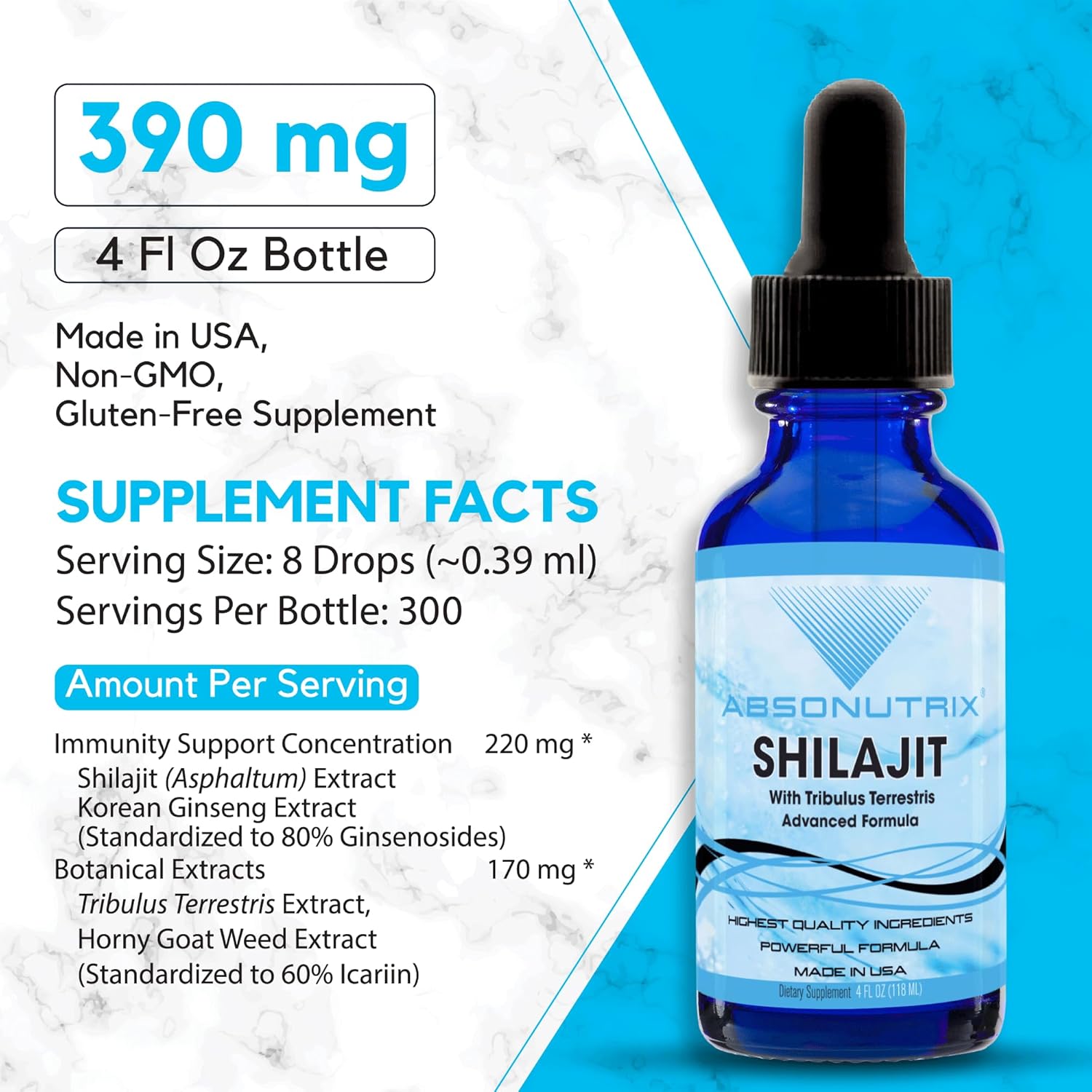 Absonutrix Shilajit and Tribulus Terrestris Liquid Supplement - 390mg, 4 Oz, 300 Servings - USA Made, Fast Absorption, Quality Non-GMO Ingredients, GMP Certified, Cruelty-Free