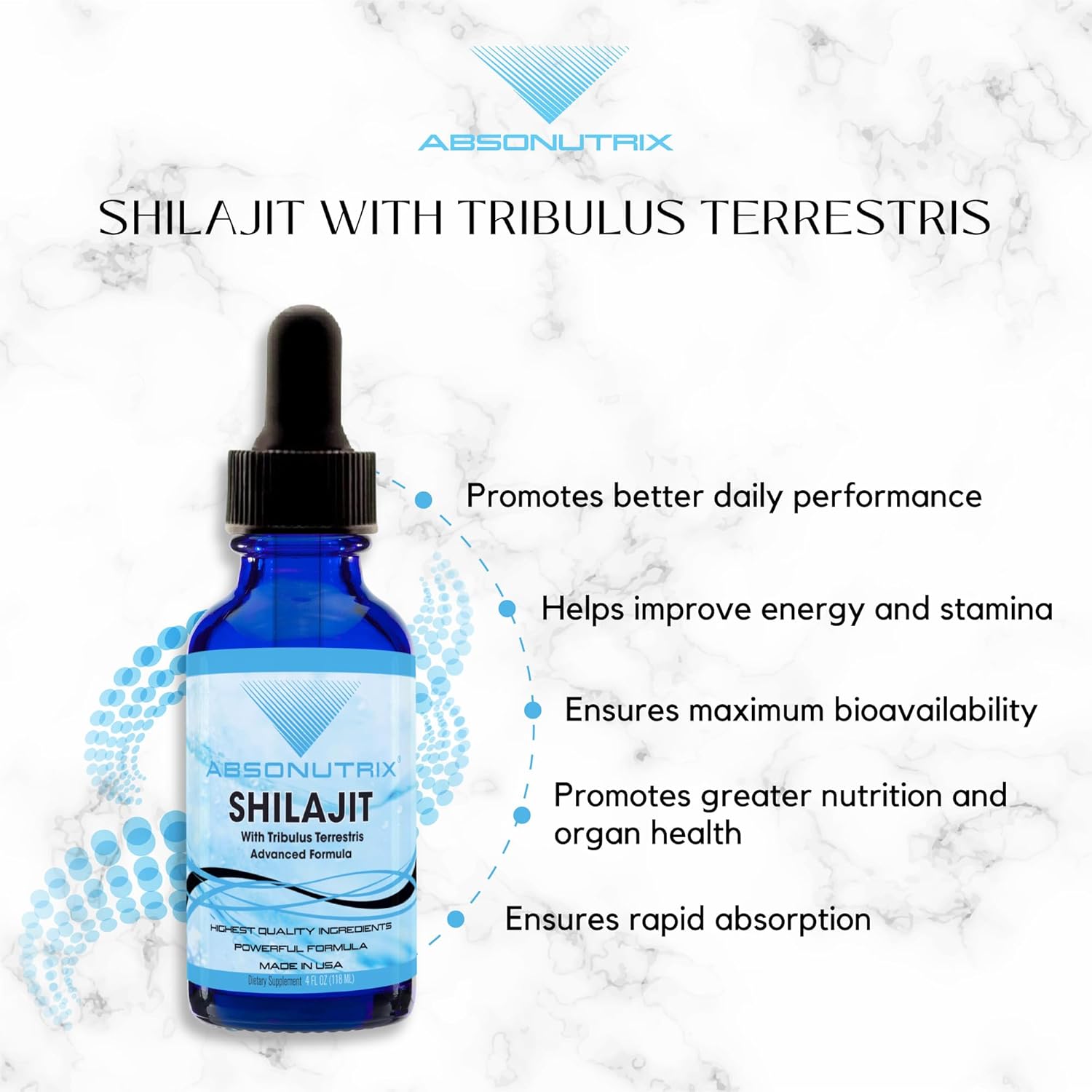 Absonutrix Shilajit and Tribulus Terrestris Liquid Supplement - 390mg, 4 Oz, 300 Servings - USA Made, Fast Absorption, Quality Non-GMO Ingredients, GMP Certified, Cruelty-Free