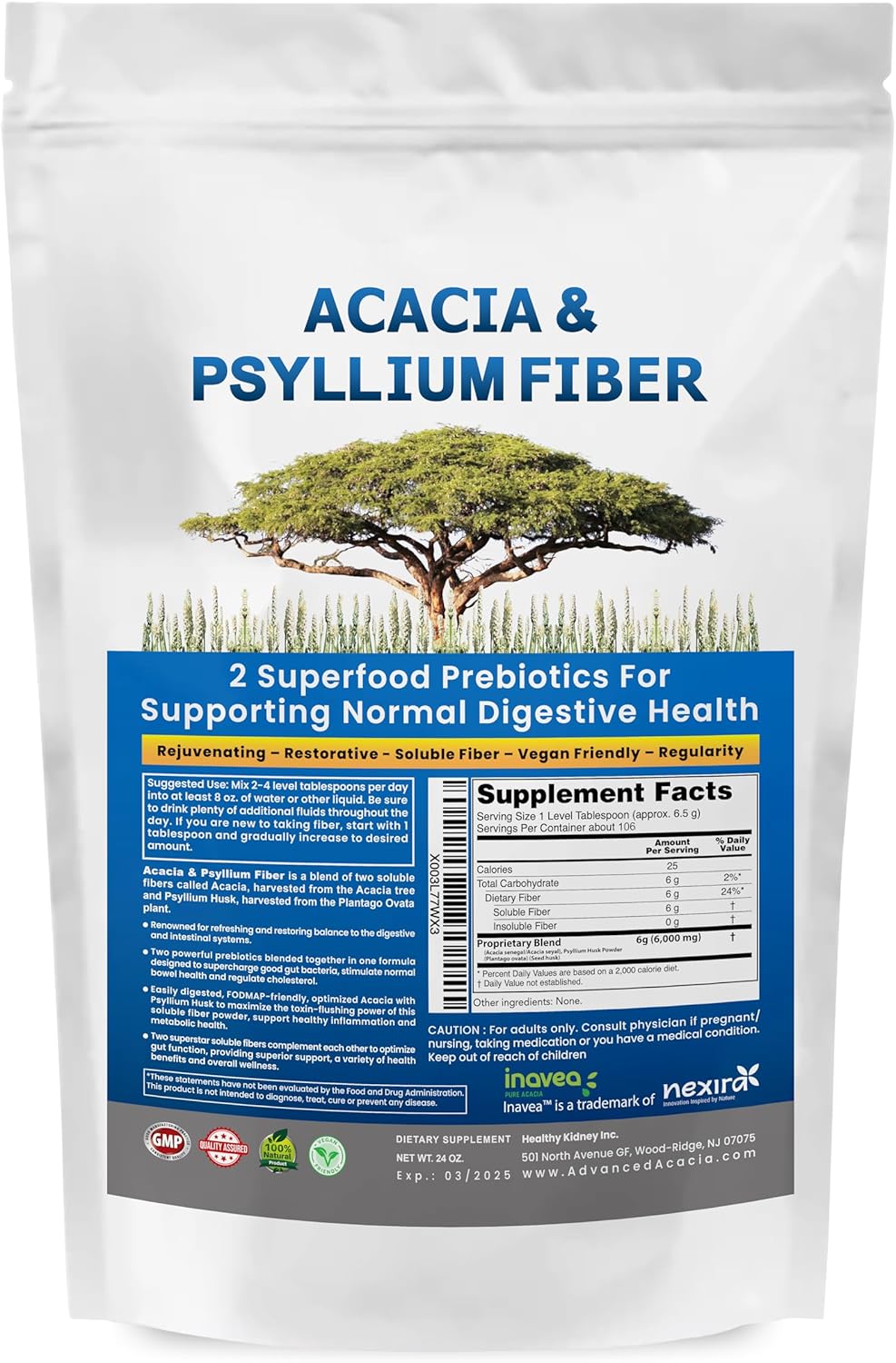Acacia & Psyllium Husk Fiber Powder for Kidney Health and Digestive Support - 1.5 lbs (24oz)