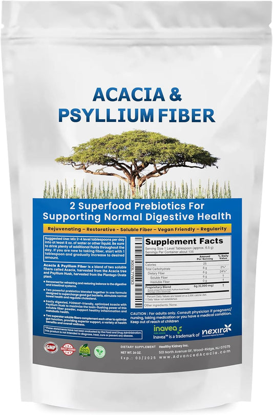 Acacia & Psyllium Husk Fiber Powder for Kidney Health and Digestive Support - 1.5 lbs (24oz)
