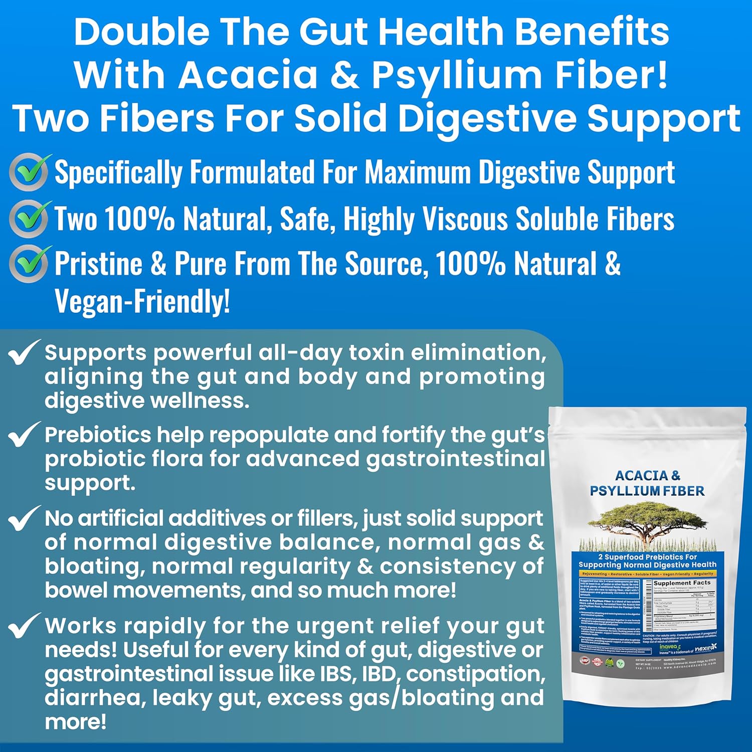 Acacia & Psyllium Husk Fiber Powder for Kidney Health and Digestive Support - 1.5 lbs (24oz)