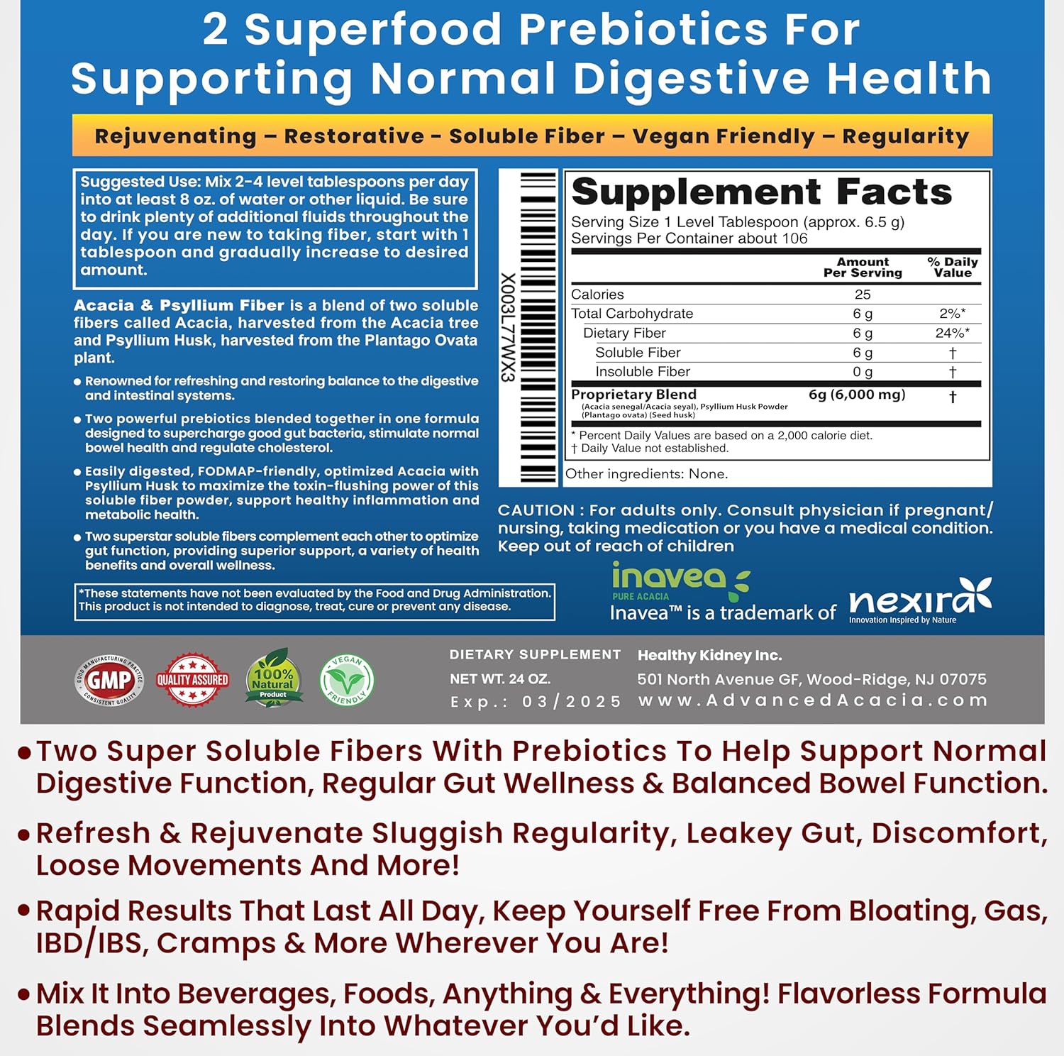 Acacia & Psyllium Husk Fiber Powder for Kidney Health and Digestive Support - 1.5 lbs (24oz)