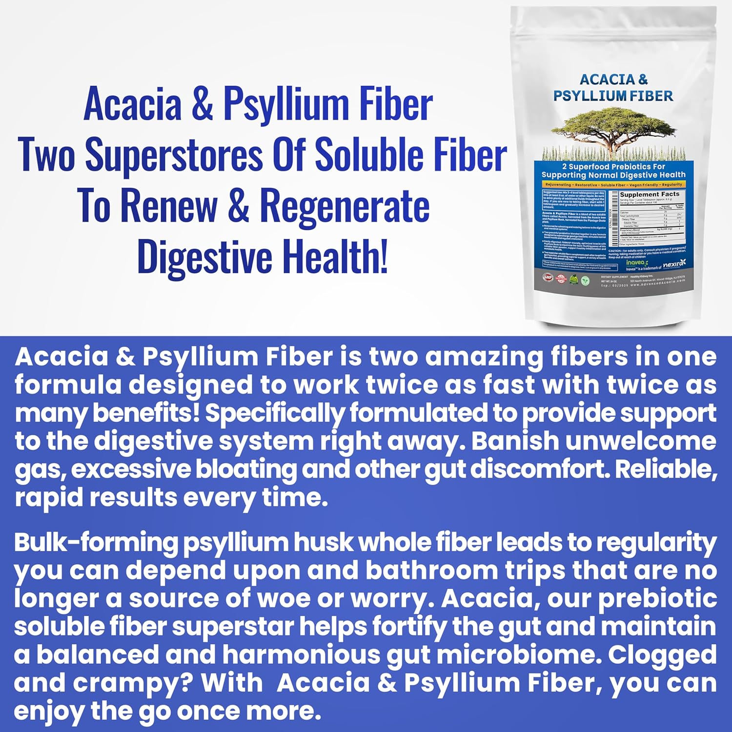 Acacia & Psyllium Husk Fiber Powder for Kidney Health and Digestive Support - 1.5 lbs (24oz)