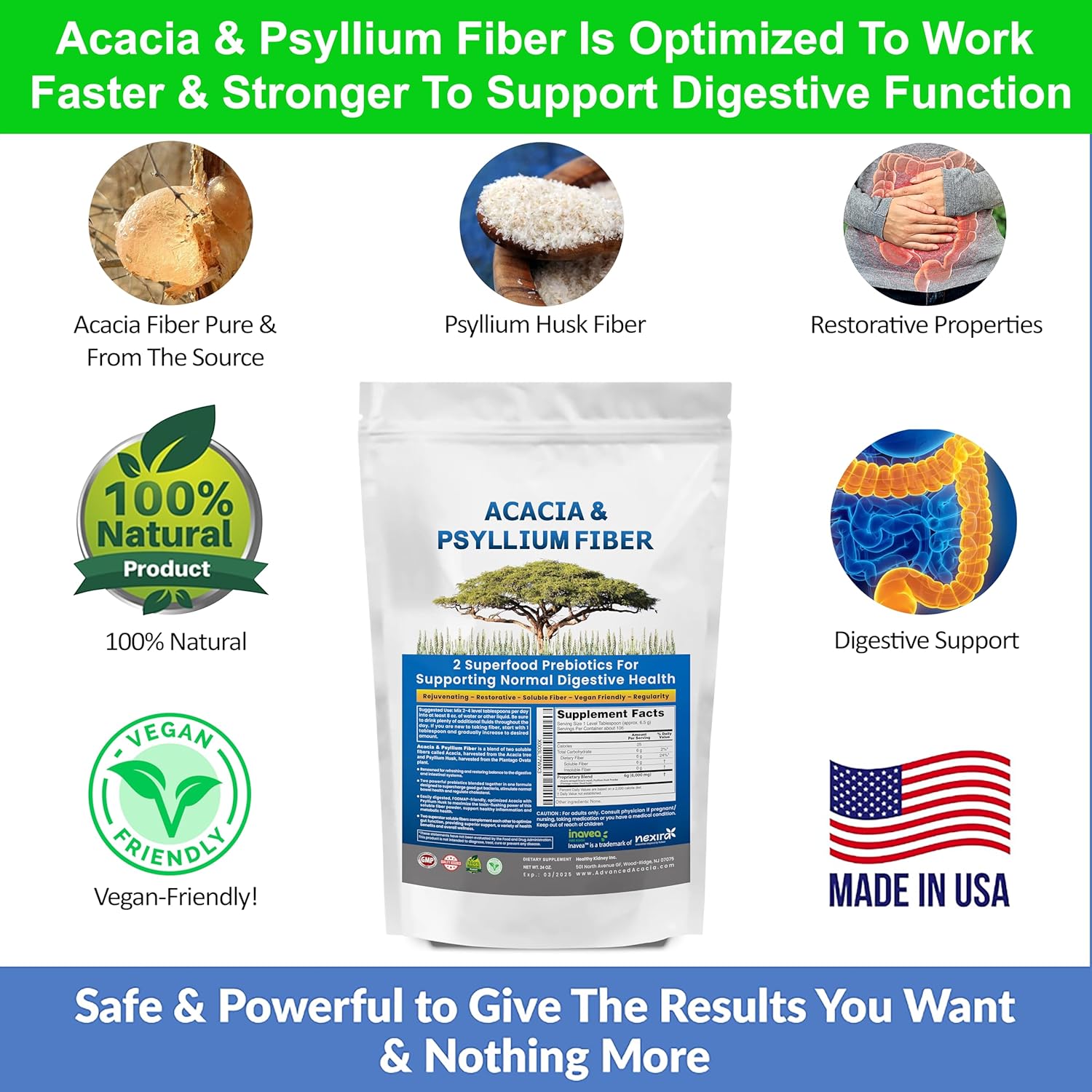 Acacia & Psyllium Husk Fiber Powder for Kidney Health and Digestive Support - 1.5 lbs (24oz)