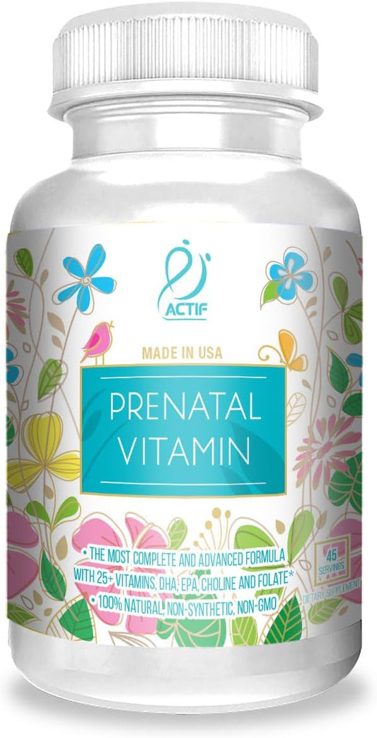 ACTIF Organic Prenatal Vitamin 90 Count with 20+ Vitamins, Omega-3, DHA, Organic Herbs - Non-GMO, Made in USA