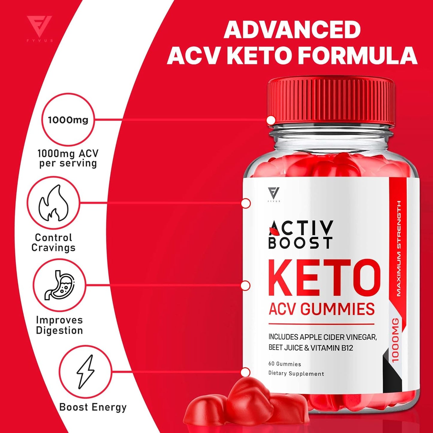 Activ Boost Keto ACV Gummies - Energy & Vitamin B12 Support (2 Pack) - 120 Gummies