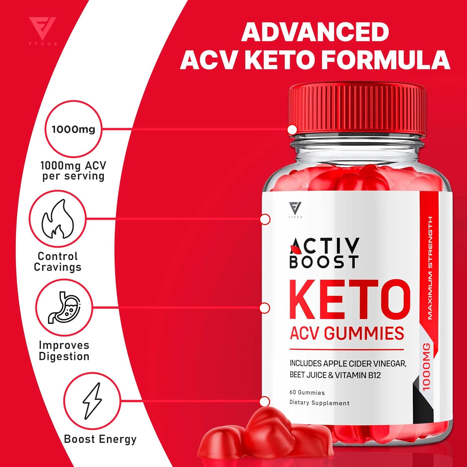 Activ Boost Keto ACV Gummies - Energy & Vitamin B12 Support (2 Pack) - 120 Gummies