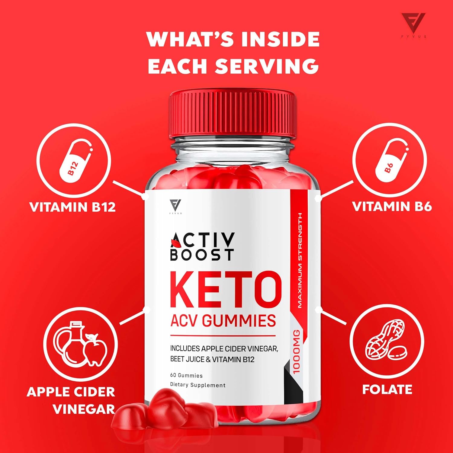 Activ Boost Keto ACV Gummies - Energy & Vitamin B12 Support (2 Pack) - 120 Gummies