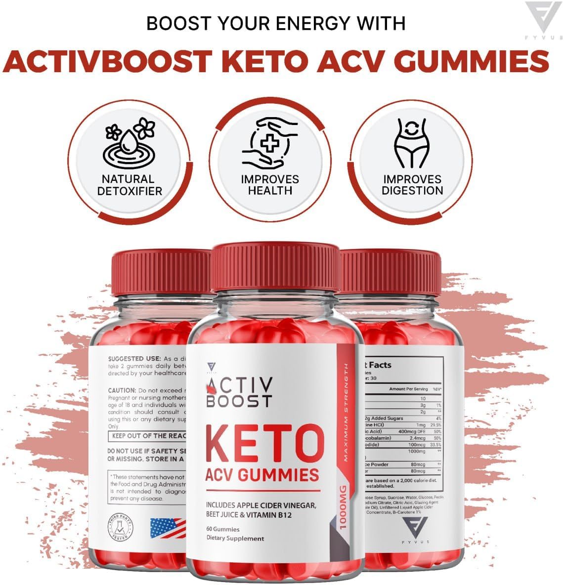Activ Boost Keto ACV Gummies - Energy & Vitamin B12 Support (2 Pack) - 120 Gummies