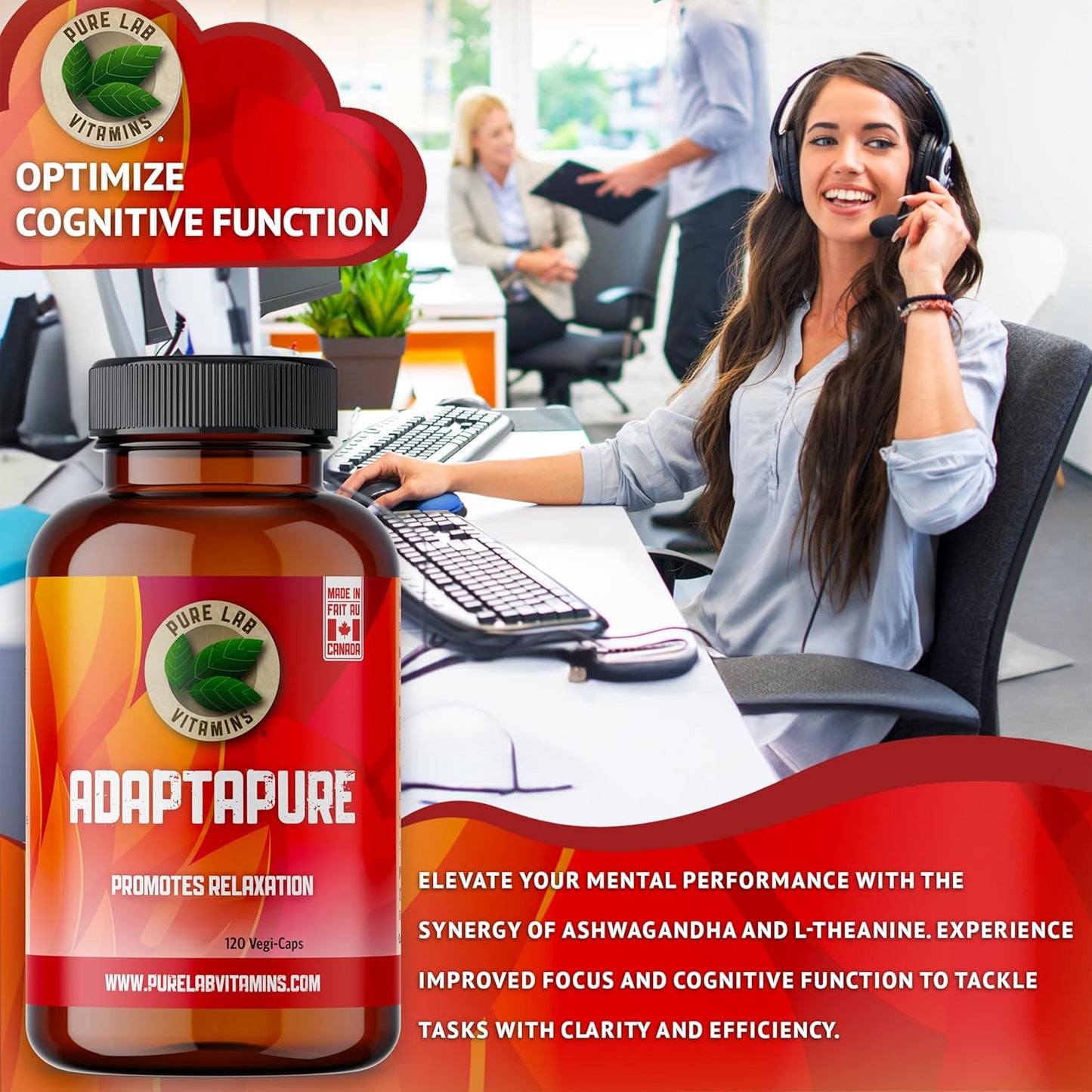 Adaptapure with Ashwagandha, Rhodiola Rosea, L-Theanine - 120 Capsules for Resilience, Stamina, Energy, Memory, Relaxation