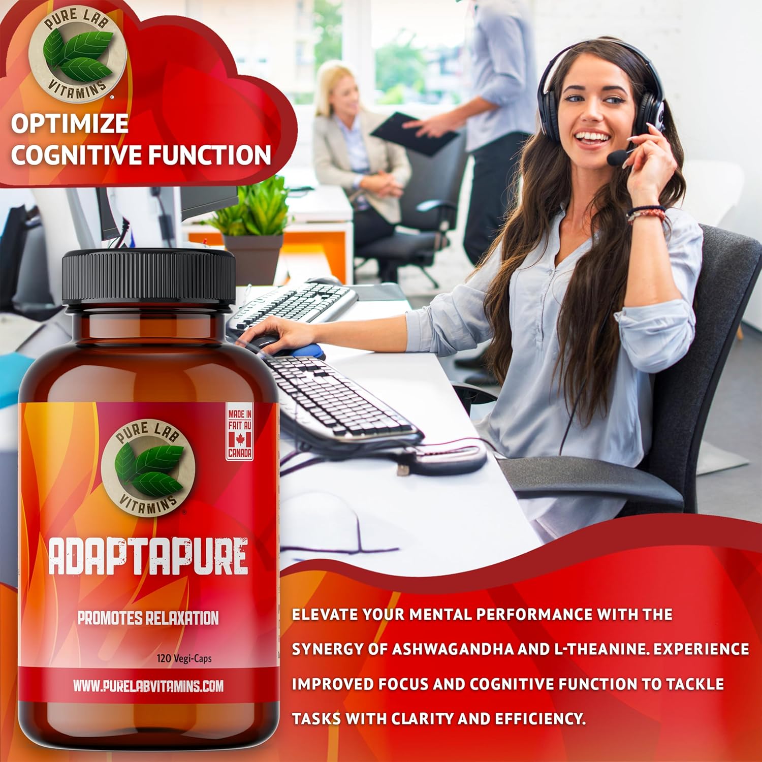 Adaptapure with Ashwagandha, Rhodiola Rosea, L-Theanine - 120 Capsules for Resilience, Stamina, Energy, Memory, Relaxation