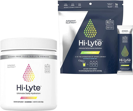 Adapted Nutrition Hi-Lyte Electrolyte Powder & Pro Hydration Packets Bundle, 90 Servings & 16 Packets, Pink Lemonade & Lemon Lime Flavors