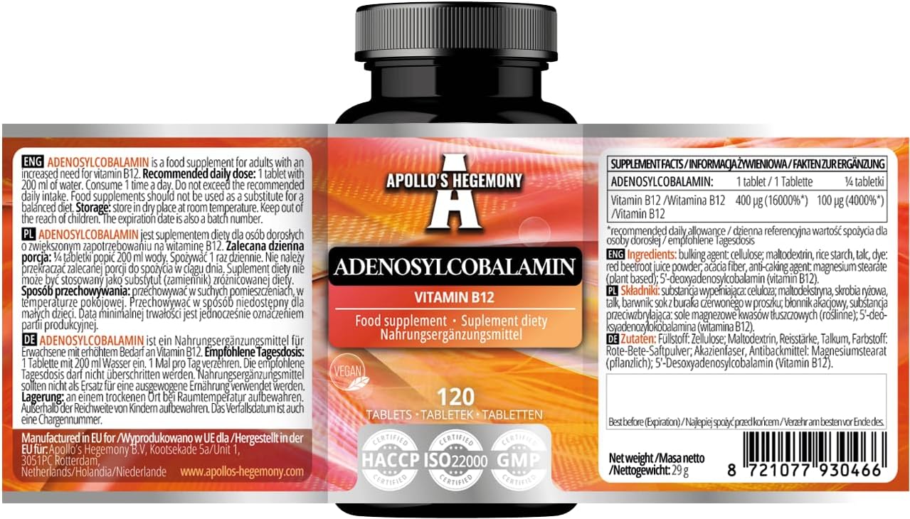 Adenosylcobalamin Tablets - High Bioavailability Vitamin B12 for Energy Metabolism - 480 Servings