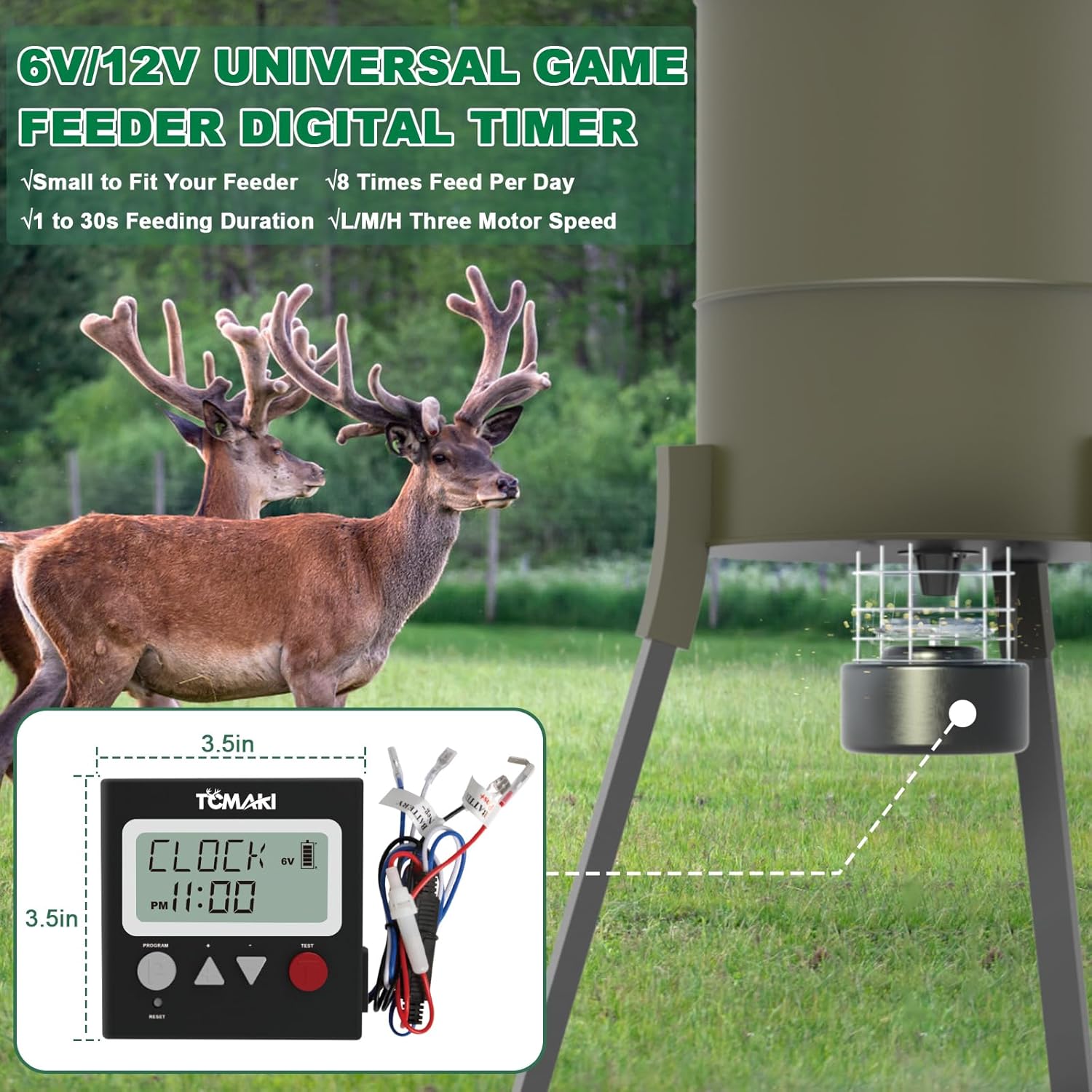 Adjustable 6V/12V Digital Timer for Deer & Goat Feeder Kit - 8 Feed Time Program, DIY Hunting Schedule - Tomaki Game Feeder Timer with Adjustable Speed & Duration