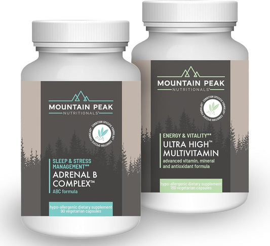 Adrenal B Complex & Ultra High Multivitamin Combo Pack for Vitamin, Mineral, & Adaptogen Support - Vegetarian Capsules - 90 & 180 Count