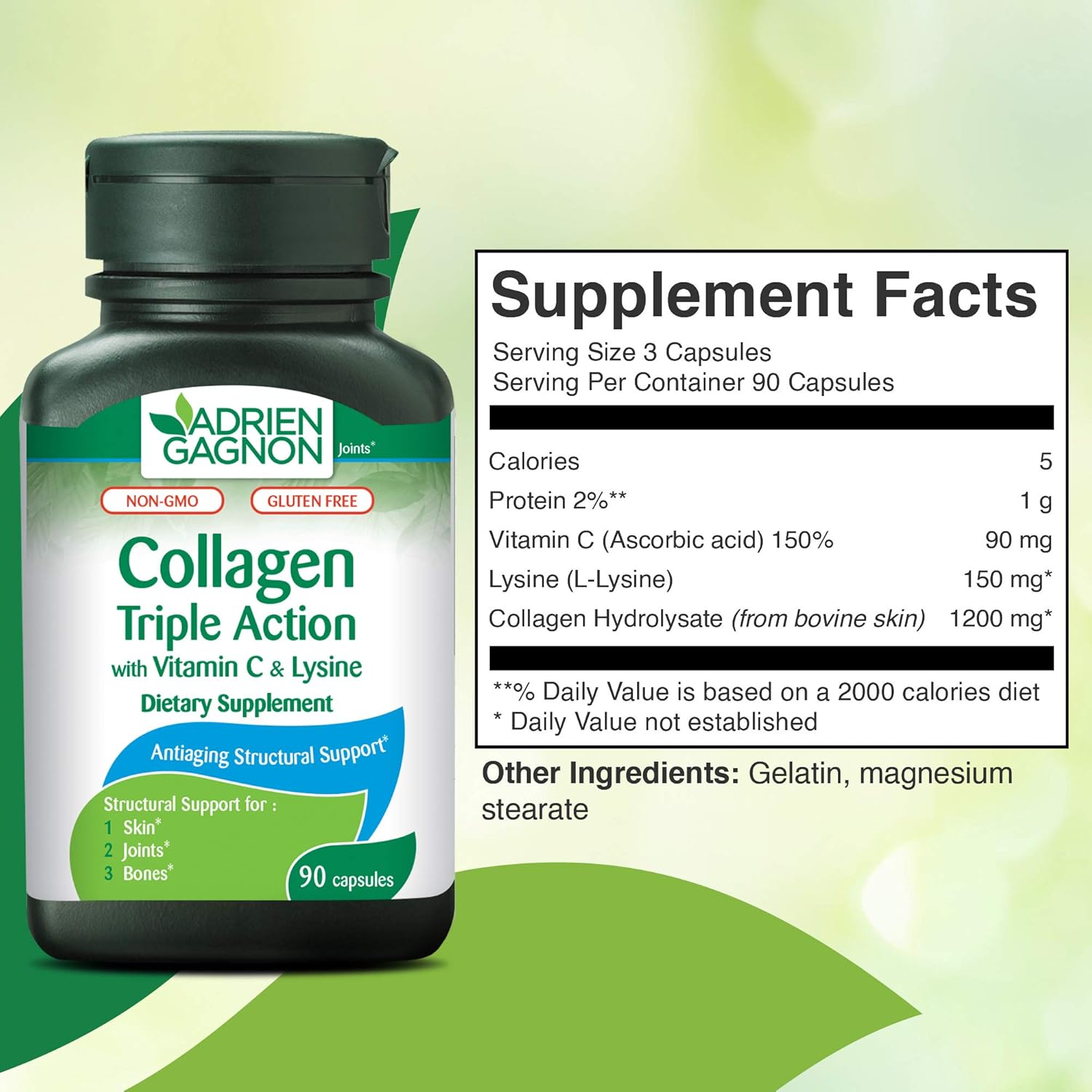 Adrien Gagnon Sante Collagen Capsules with Vitamin C and Lysine for Skin, Hair, Nails, Bones, and Joints - 90 Count